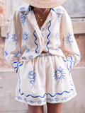 Women's Outfit Set Button Up Shirt Long Sleeve and Shorts White Blue 2 Pcs White 7b99efe3-b908-462c-b62c-0e0f71d14425-Max-Origin Trendsi