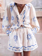 Women's Outfit Set Button Up Shirt Long Sleeve and Shorts White Blue 2 Pcs White 7b99efe3-b908-462c-b62c-0e0f71d14425-Max-Origin Trendsi