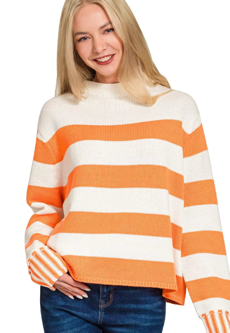 Zenana Ribbed Striped Mock Neck Sweater LT ORANGE 7ba1f5b1cacb41708e6bee900a43efbb-Max-Origin Trendsi