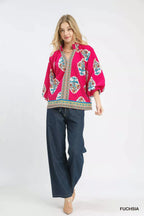 Umgee Womens Tunic Blouse Fuchsia Boho Floral Print Smocked Top 7bae7a63-38da-4a44-a357-7bf2e7ac121c-Max-Origin Trendsi