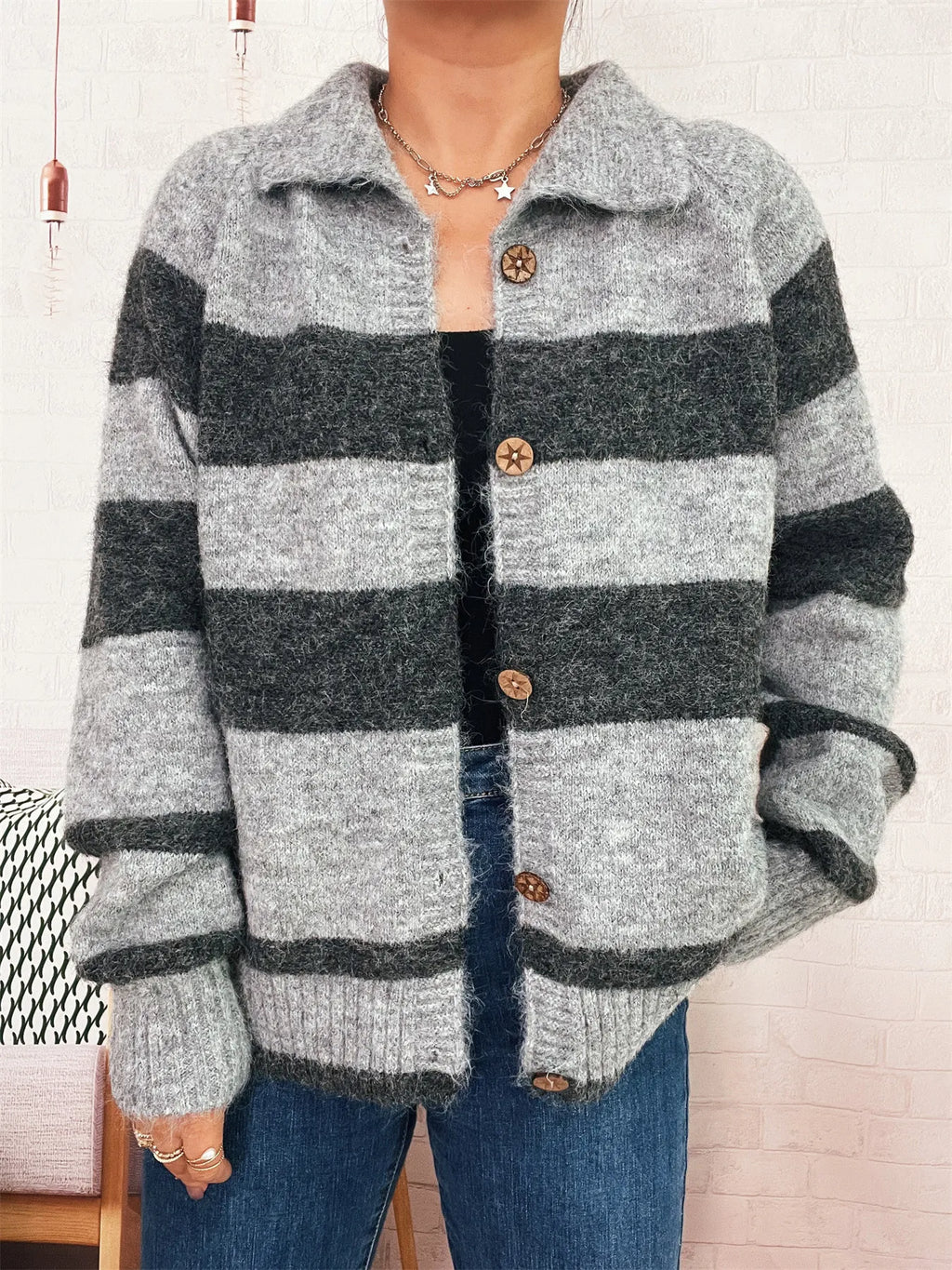 Women's Cardigan Striped Button-Up Cozy Soft Long Sleeve 7bb2282f438b47deb6356cb7ee66f147-Max-Origin Trendsi