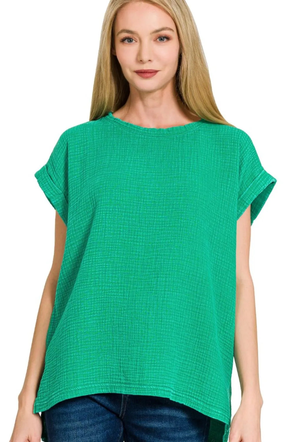 Zenana T-shirt Green Woven Double Gauze Acid Washed Short Sleeve Top 7bcd6175-4ff5-4604-a299-d6c420df8d4e-Max-Origin Trendsi