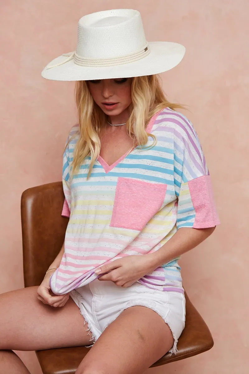BiBi Cotton T-shirt Rainbow Stripe Printed Triblend Knit Short Sleeve Top 7bd6f2e3290449948840f3b800879ca7-Max-Origin Trendsi