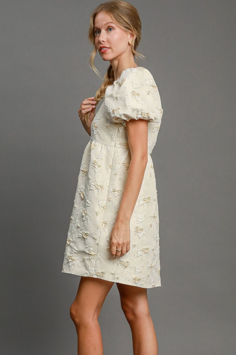 Umgee USA Mini Dress Heart Jacquard Cream Square Neck Puff Short Sleeve