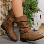 Women's Boots Mid-Calf Buckle Strap Pu Leather Low Heel Shoes 7bdc817118da4bddaee26294710b724f-Max-Origin Trendsi