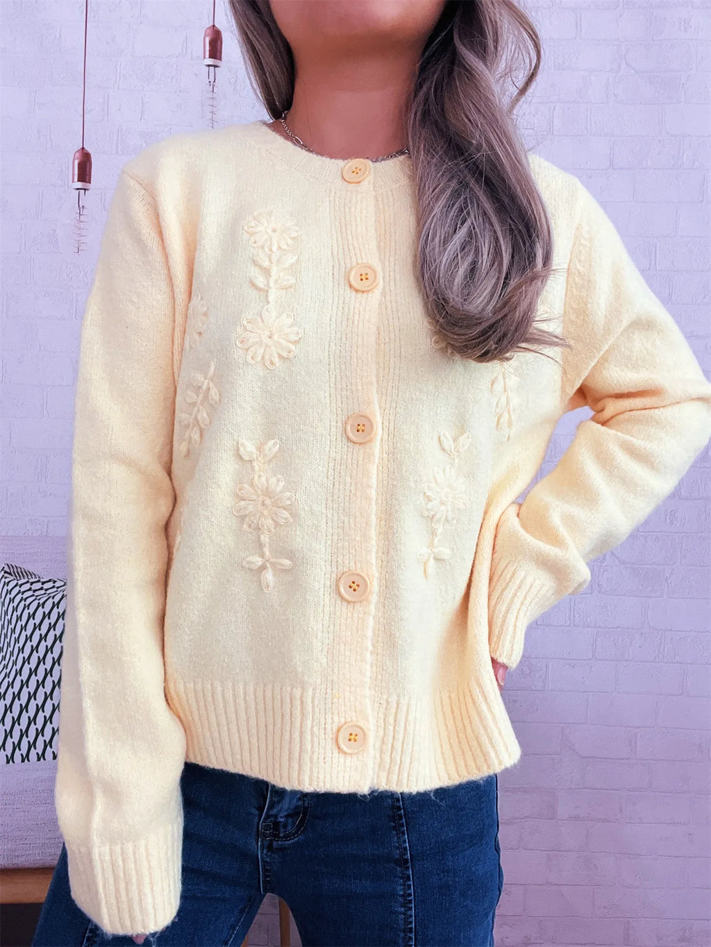 Women's Cardigan Flower Embroidered Button Up Ribbed Hem Round Neck 7bdee33245de4225877f6567592322ea-Max-Origin Trendsi