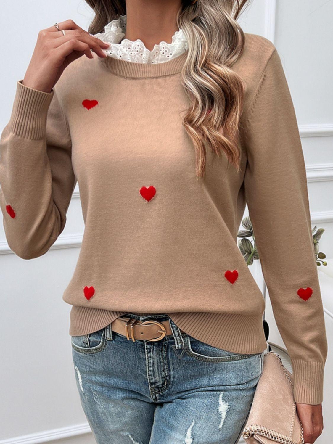 Heart Sweater Lace Collar Detail Long Sleeve Knitwear 7be119ff-931f-4110-ae2c-0398379fee7d-Max Trendsi