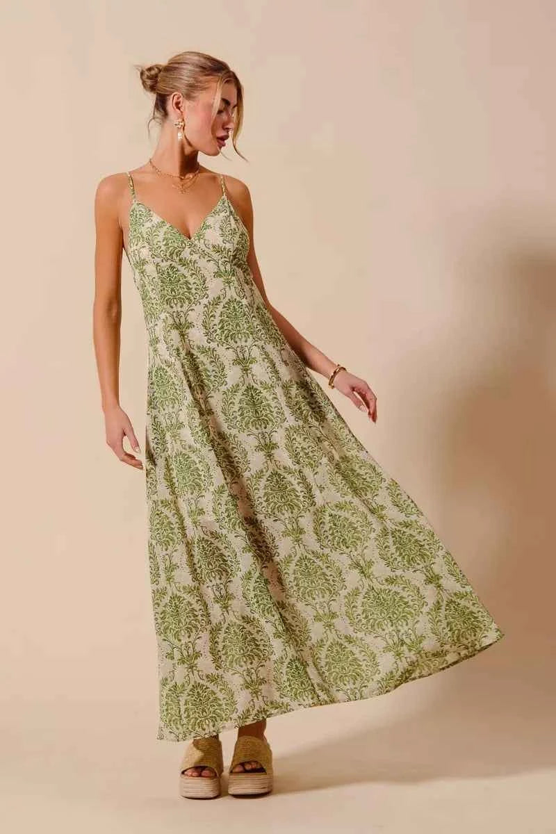SO ME Floral Summer Maxi Flowy Dress sage Green Damask Backless Tied 7be1bc7e77e04548bd32630a5f1a0641-Max-Origin Trendsi