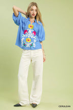 Umgee Blouse Blue Embroidered Boho Puff Short Sleeve Top 7be4f74c-8f67-4d11-a289-1f50634fe077-Max-Origin Trendsi