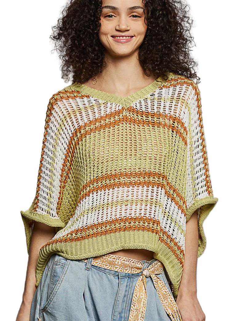 POL Openwork Lightweight Striped V-Neck Cotton Blend Knit Top with Relaxed Fit