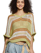 POL Openwork Lightweight Striped V-Neck Cotton Blend Knit Top with Relaxed Fit