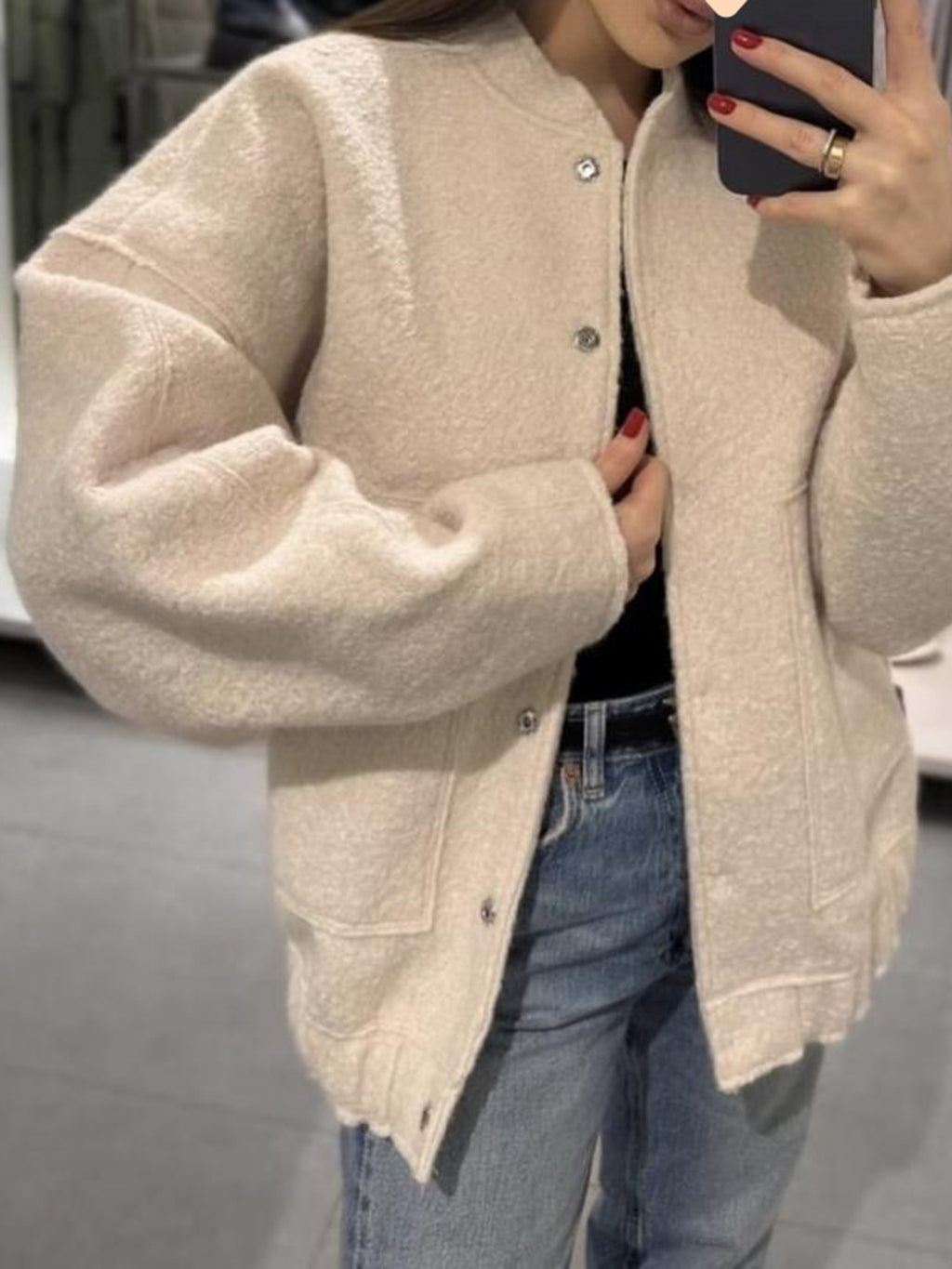 Women Jacket Snap Collared Long Sleeve Elastic Hem Oversized Pocketed Beige 7be98324-a44a-44c2-a728-41547b9af83f-Max Trendsi