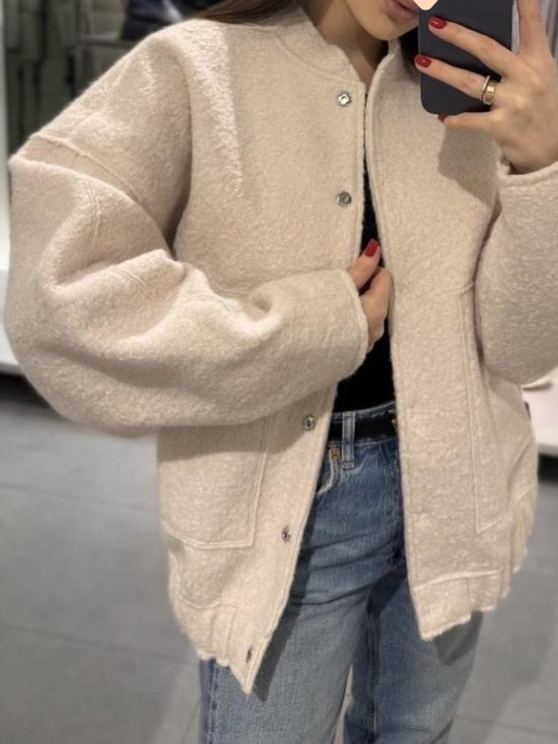 Women Jacket Snap Collared Long Sleeve Elastic Hem Oversized Pocketed Beige 7be98324-a44a-44c2-a728-41547b9af83f-Max Trendsi