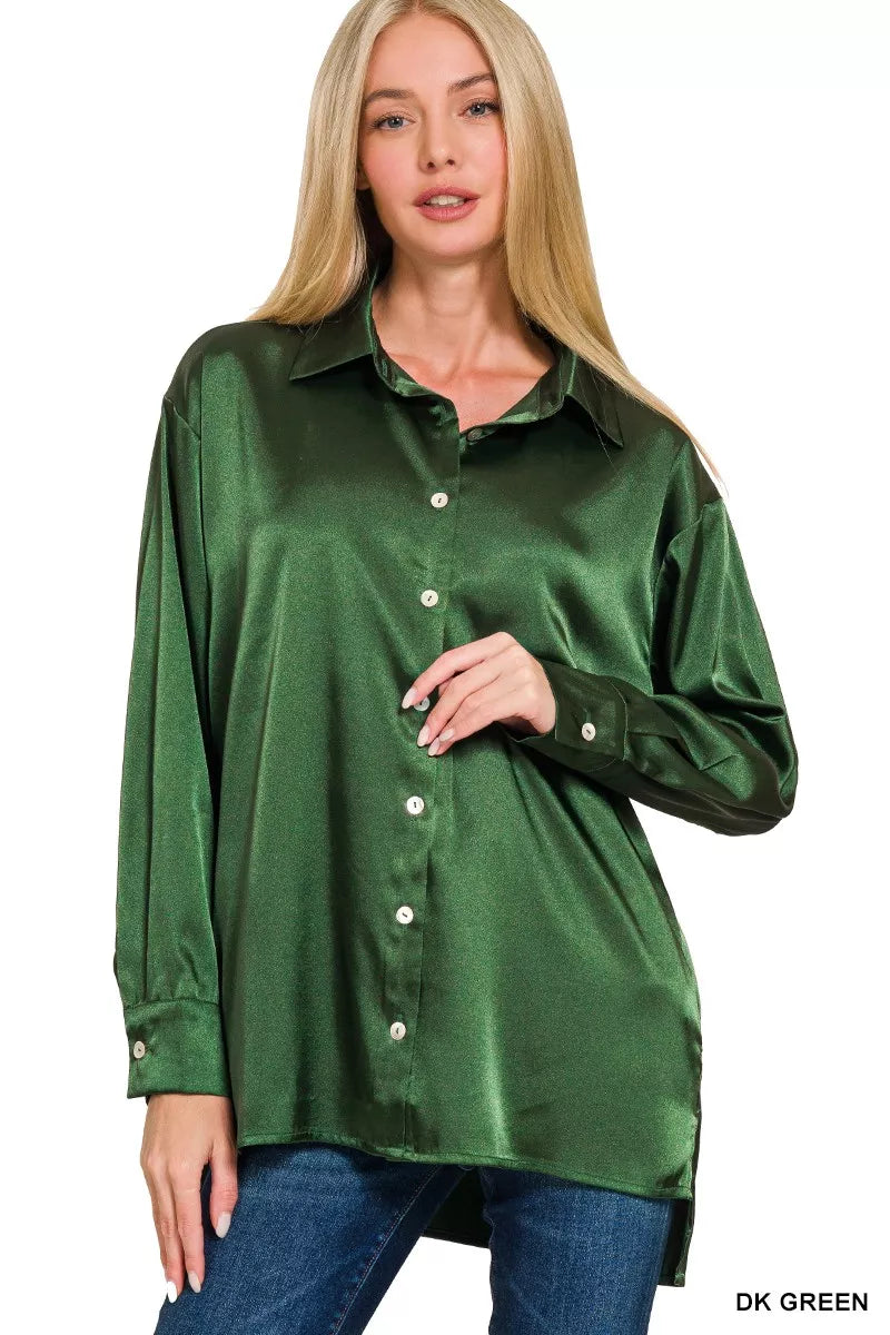 Zenana Satin Button Up Womens Shirt Green Long Sleeve Top DK GREEN 7beb01f6aaf446cf9eeec46b7120d608-Max-Origin Trendsi