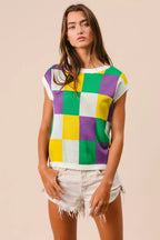 BiBi Womens Sweater Knit Top Mardi Gras Checker Pattern Sleeveless 7bf1f033150047edb4267be982b1f64e-Max-Origin Trendsi