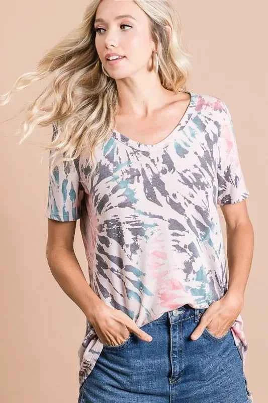 BiBi Women T-shirt Tie Dye Print Terry Deep U Neck Top Short Sleeve Top 7bfde16da0b4489193be1e65067a0732-Max-Origin Trendsi