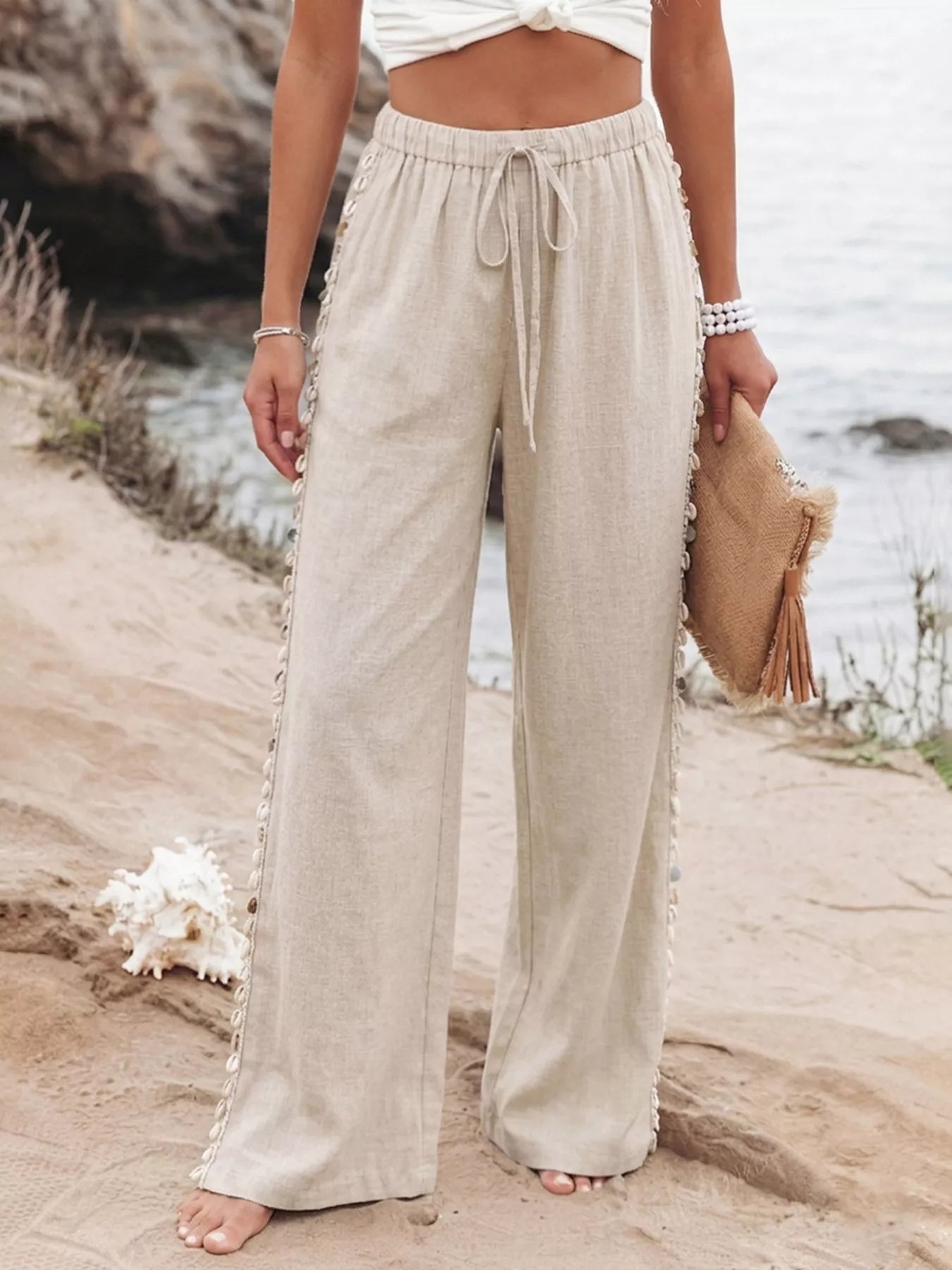 Drawstring Wide Leg Pants Made of 85% Viscose and 15% Linen