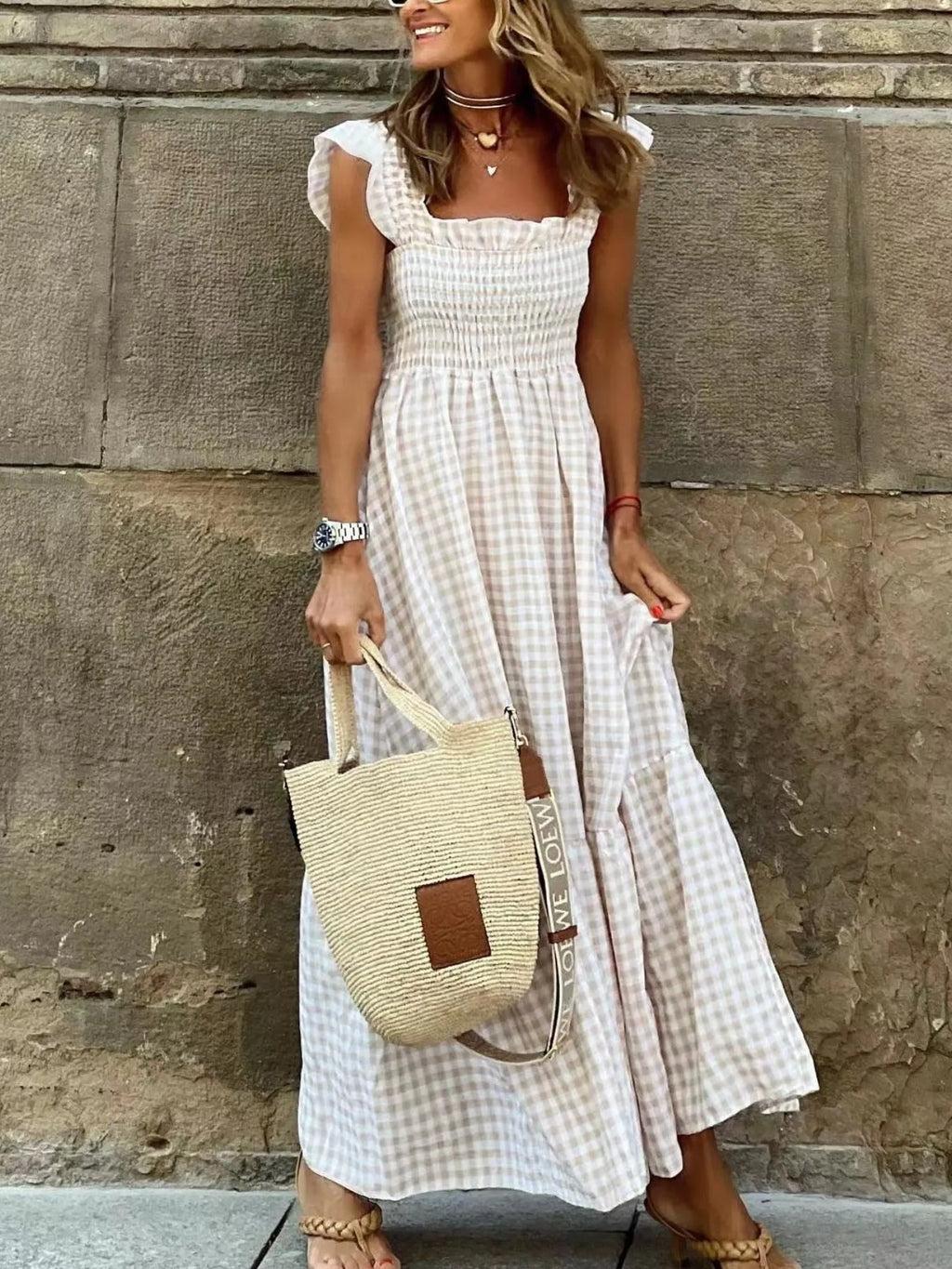 Maxi Dress Plaid Gingham Smocked High Waist with Ruffle Straps Square Neck Khaki 7c037fb2b0234cff92a597687ecc6a41-Max-Origin Trendsi