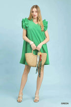 Umgee Shift Dress Green Seersucker Ruffle Short Sleeve 7c0391e3-f08b-4f36-8e17-e0645bfa5f55-Max-Origin Trendsi