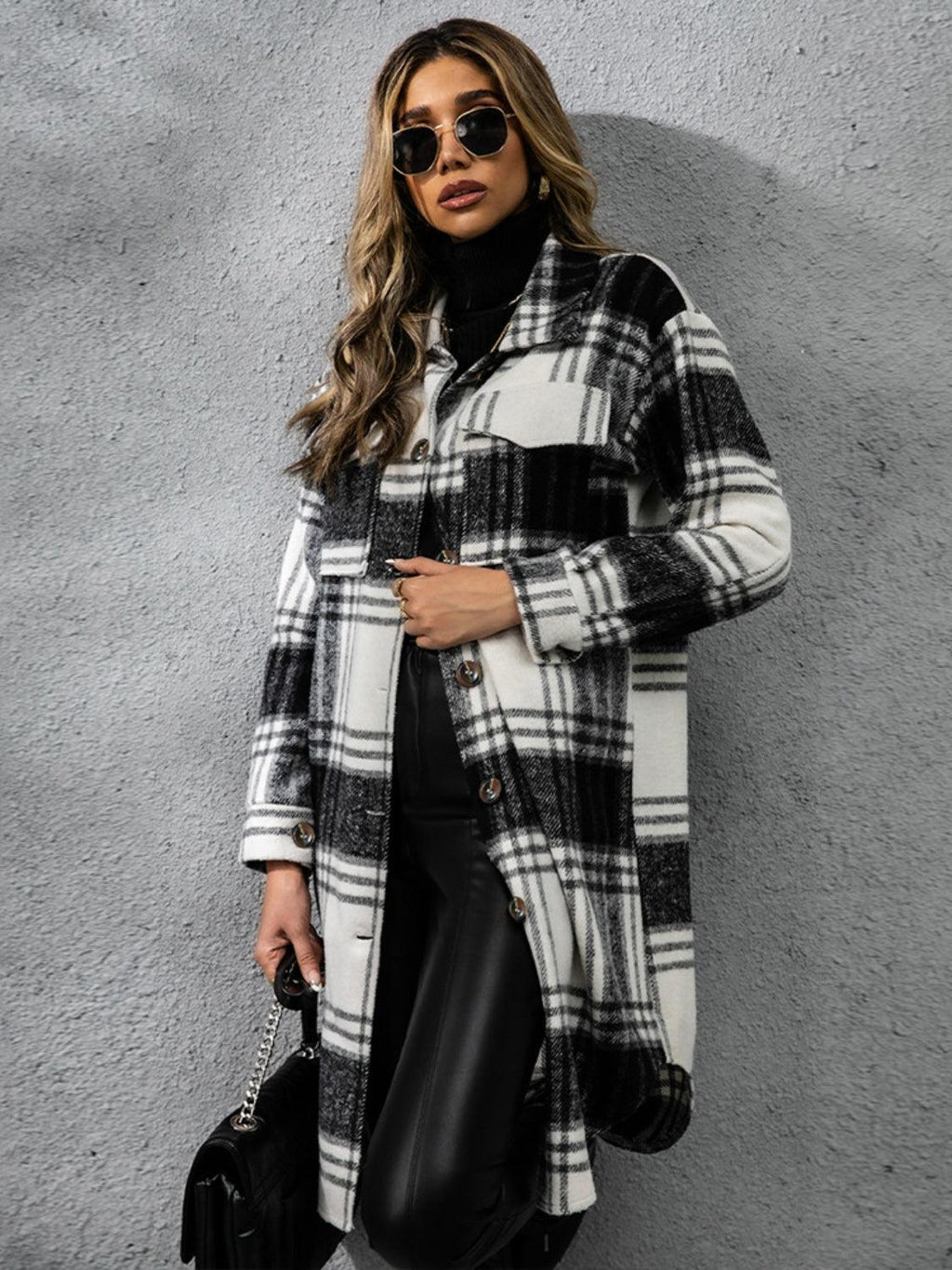 Plaid Coat Collared Neck Long Sleeve Pocketed Outwear 7c0844db-0bc4-496e-ade6-b5c574975ce9-Max Trendsi