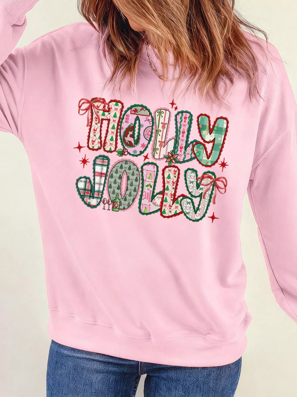 HOLLY JOLLY Women's Sweatshirt Pink Cute Holiday Graphic Print Top 7c0862d0a90b42d383935d2d05d1d98b-Max-Origin Trendsi