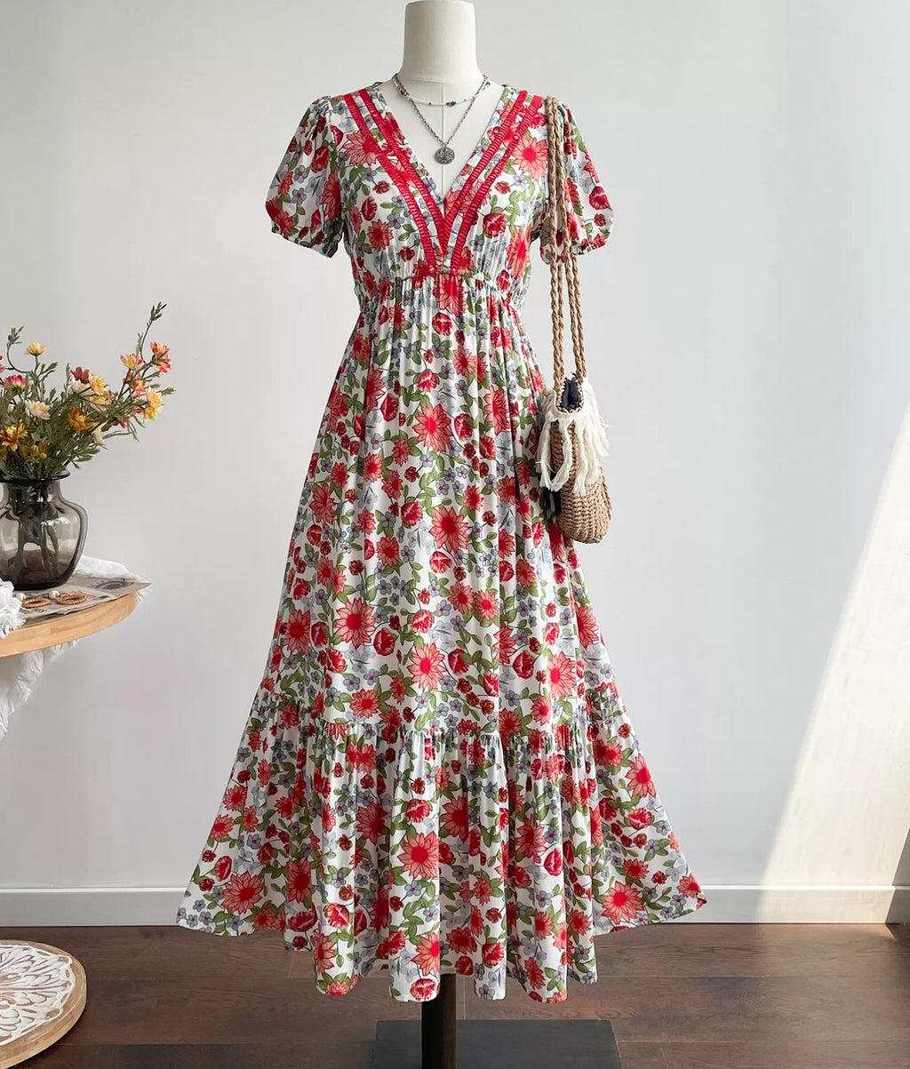 Floral Print V-Neck Ruffle Hem Midi Dress