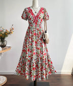 Floral Print V-Neck Ruffle Hem Midi Dress