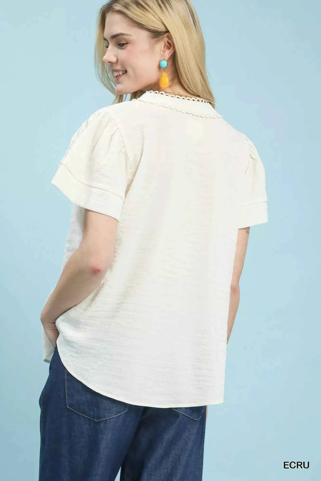 Umgee Blouse Ecru Seersucker Short Sleeve Top with Lace Trim 7c14b4e9-584f-4f0a-af89-62c30beaaff4-Max-Origin Trendsi