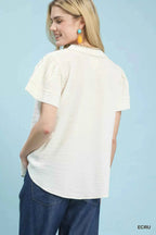 Umgee Blouse Ecru Seersucker Short Sleeve Top with Lace Trim 7c14b4e9-584f-4f0a-af89-62c30beaaff4-Max-Origin Trendsi
