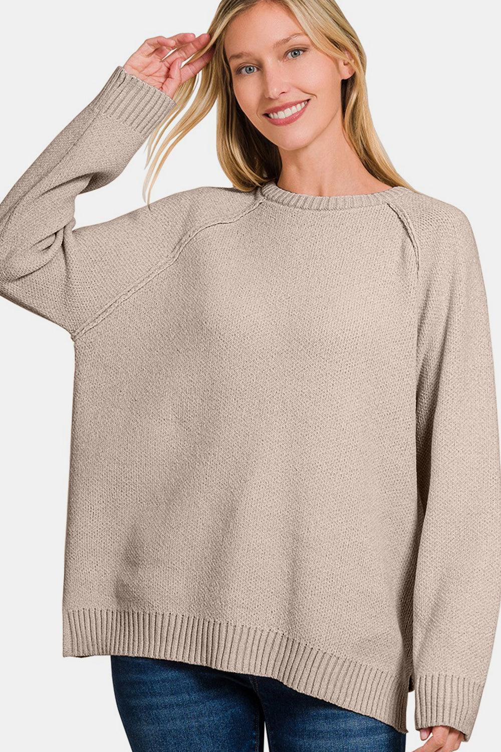 Zenana Mocha Women Sweater Side Slit Raglan Long Sleeve Basic Pullover