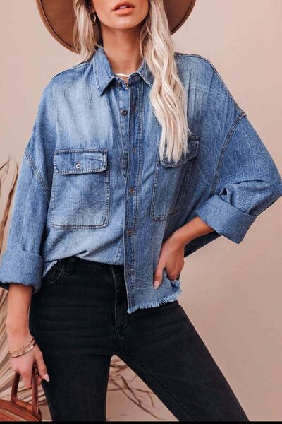 Denim Shirt Women's Raw Hem Long Sleeve Front Patch Pockets Top 7c170b3b-da75-498d-bfc0-f2c12bcdcde9-Min Trendsi