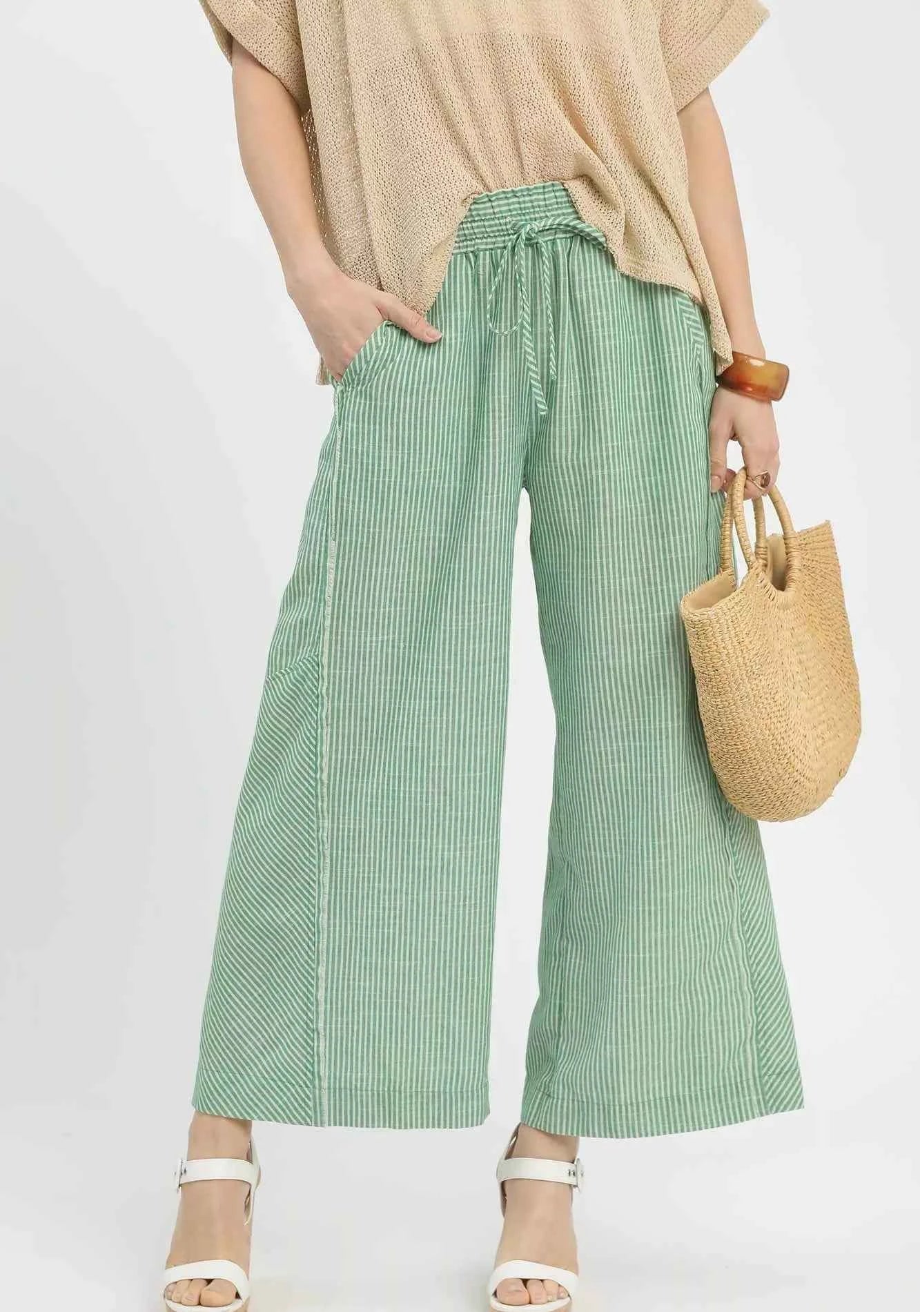 Umgee Striped Wide Leg Pants Linen Blend Green Women Trousers GREEN 7c1ee3cb-72c8-445b-ae9e-edbd3c172c54-Max-Origin Trendsi
