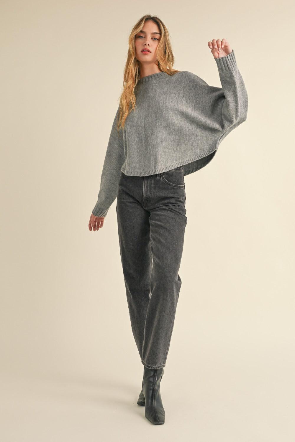 Mable Gray Sweater Round Neck Dolman Sleeve Cropped Basic Style 7c2ab292-431c-4b75-94a3-58c9b0bf75d1-Max Trendsi