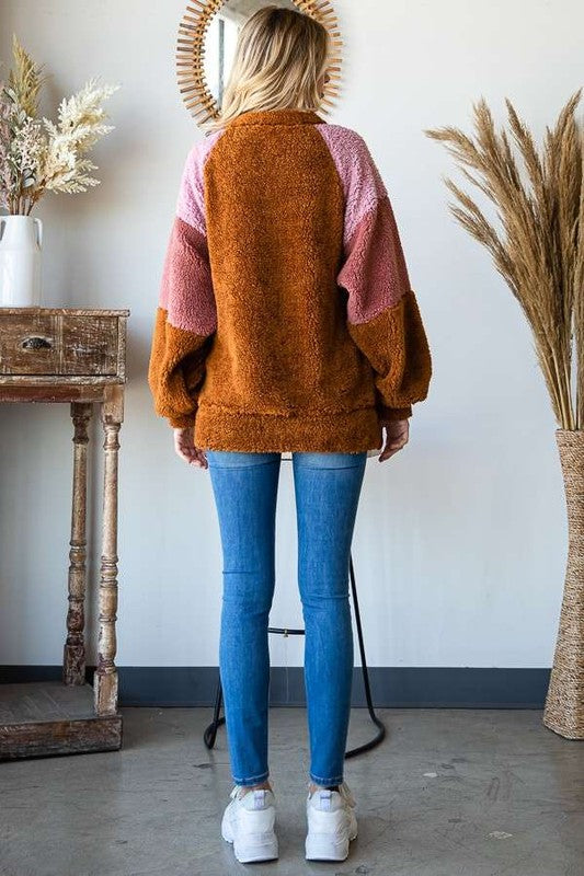 Culture Code Sweatshirt Faux Fur Women Brown Color Block Raglan Sleeve Pocketed