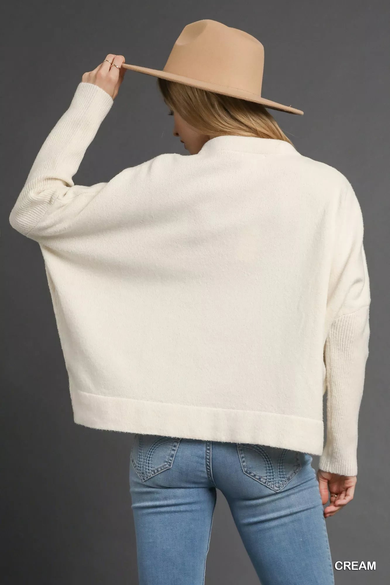 Umgee Womens Sweater Cream V-Neck with Wide Trim Detail Pullover