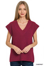 Zenana Womens Sweater Vest Burgudy Ribbed Slit V-Neck Short Sleeve 7c40eda1-cd07-45f1-99f5-82c7bf8ce0f5-Max-Origin Trendsi