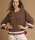 Umgee Women's Blouse Linen Blend Mocha Scalloped Hem Color Block Top MOCHA 7c41fe9c-2502-4143-969f-0bdd3e669248-Max-Origin Trendsi