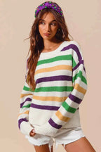 SO ME Sweater Knit Ivory Mardi Gras Color Stripe Long Sleeve Top IVORY 7c42b75ef5c94d4790cca86310111f04-Max-Origin Trendsi