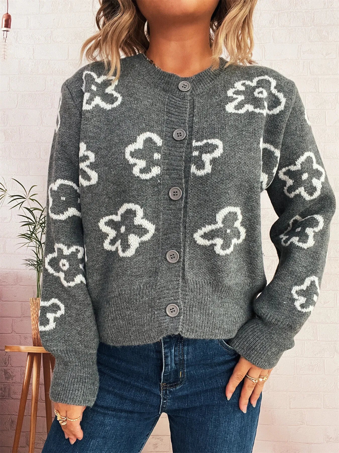 Women's Cardigan Floral Pattern Knit Button-Up Long Sleeve 7c445545106c43138ec3544ebdbdcc6d-Max-Origin Trendsi