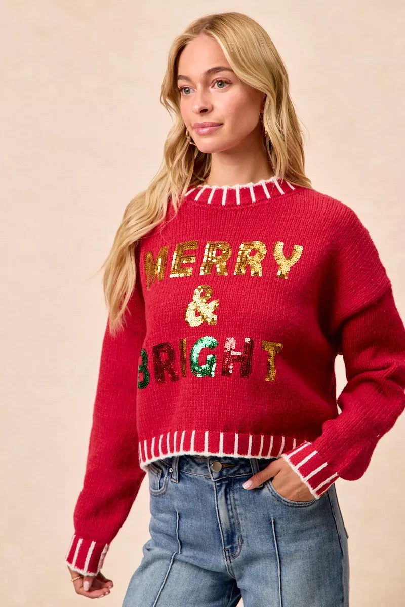BiBi Christmas Theme Sweater Sequin Lattering Womens Red Knit Pullover 7c4a5976a91c4ca596239abfe1736311-Max-Origin Trendsi