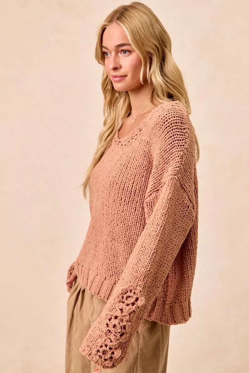 BiBi Womens Sweater Chunky Knit with Flower Detail Sleeves Peach 7c54aaf2ecba47d6ab41a9a59b9f4245-Max-Origin Trendsi