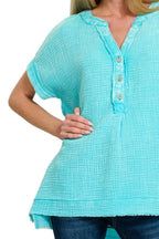 Zenana Top Sky Washed Double Gauze Half Button Henley Neck Shirt Blouse 7c5d2bd3-8de0-4336-9c71-155876233088-Max-Origin Trendsi