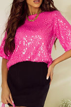 Sequin Blouse Fuchsia Pink Round Neck Half Sleeve Top Fuchsia Pink 7c61ee96-be1a-4fa5-bbe6-4ee3c210012d-Min Trendsi