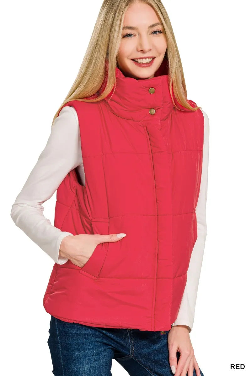 Zenana Womens Vest Red Quilted High Neck Zip-Up Coat 7c65f4e531a847d29057ccb6e449a920-Max-Origin Trendsi