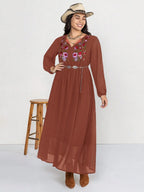 Plus Size Embroidered Long Sleeve Dress with Tie Neck