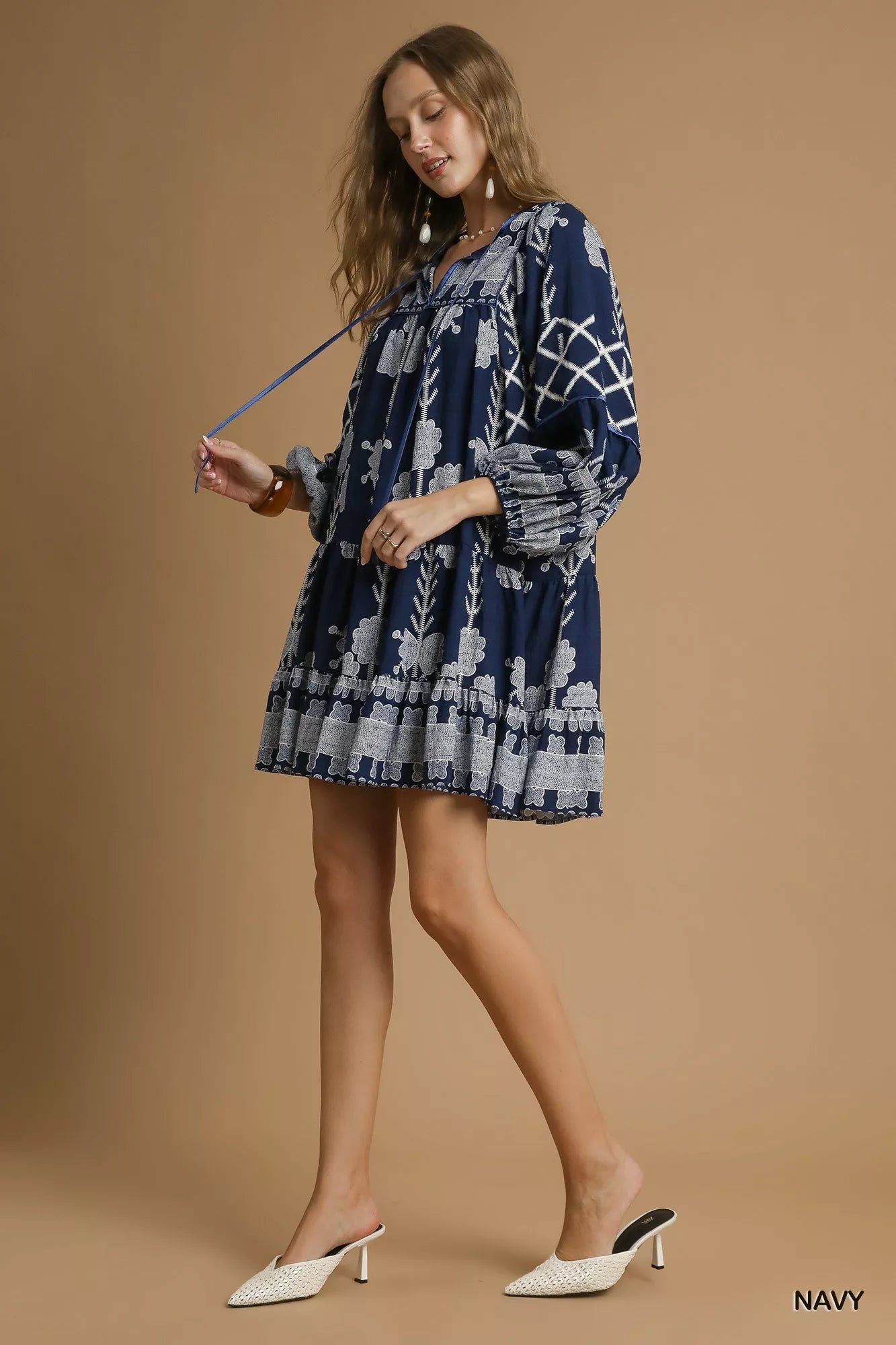 Umgee Mini Dress Navy Tribal Print with Tie Neck Long Sleeve 7c7ec881-6549-4da6-9ac2-178f0f217717-Max-Origin Trendsi