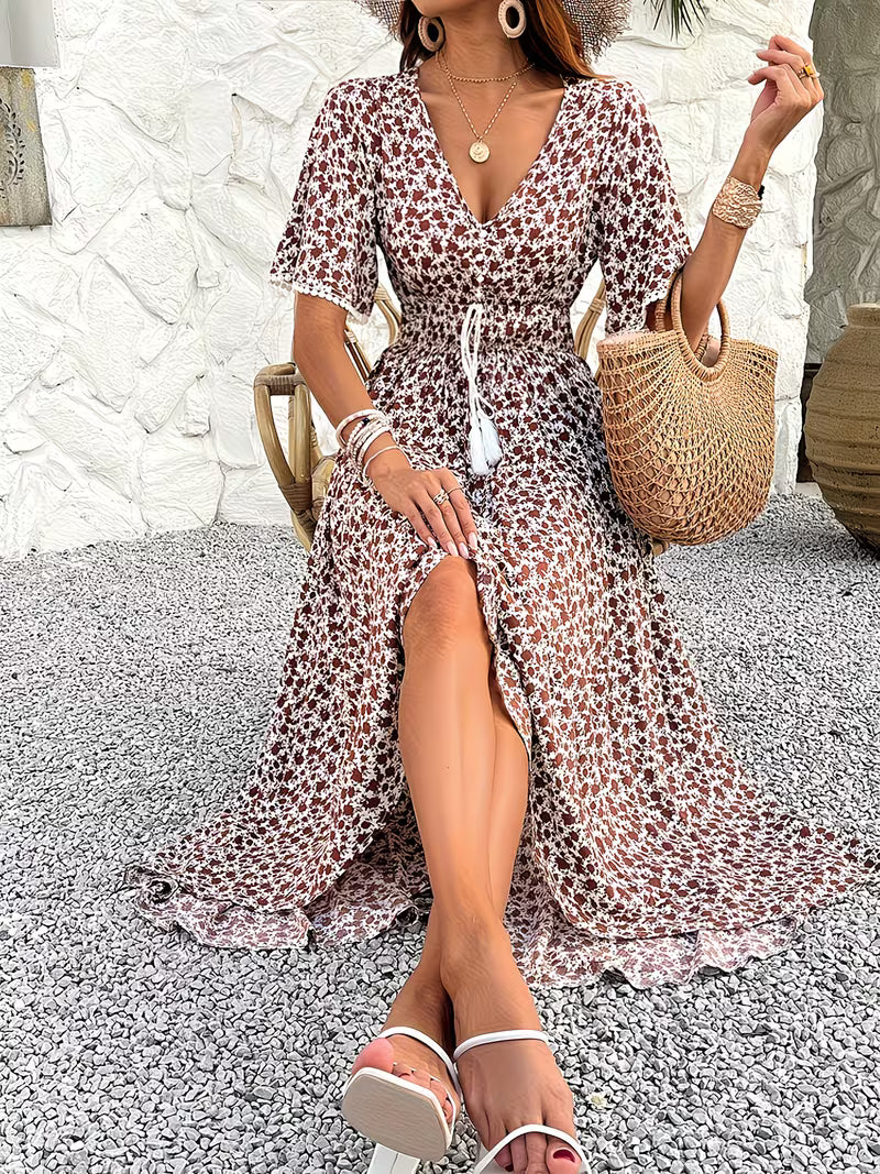 Women's Floral Midi Dress V-Neck Ruffle Short Sleeve Summer Fashion