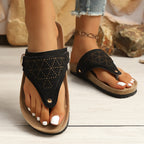 Toe Post Hollow-Out Flat Sandals in PU Leather and Rubber