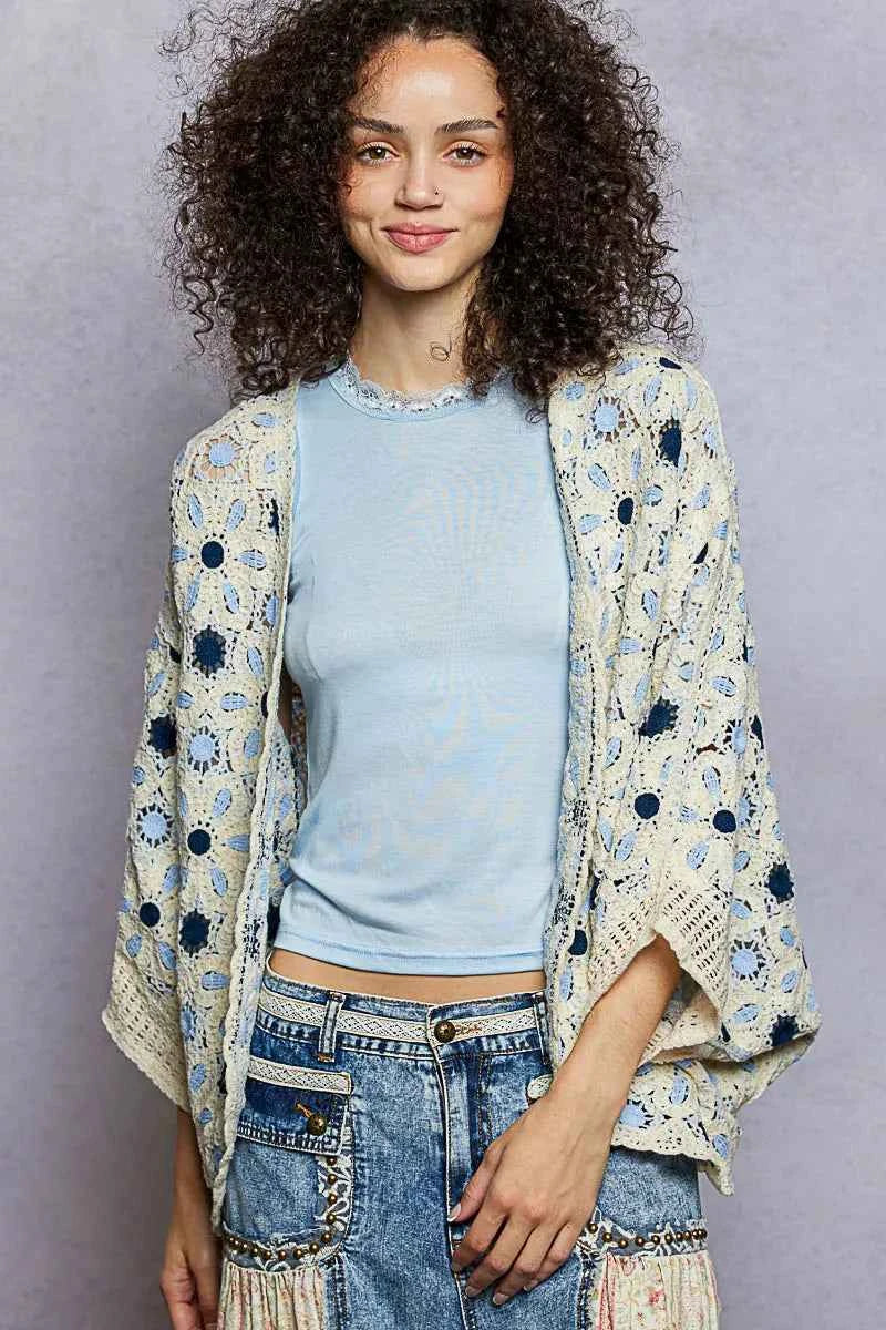 POL Crochet Cardigan Blue Multi Open Front Floral Pattern 7c88e02e-309b-4bc1-bd01-ee49722c2d41-Max-Origin Trendsi