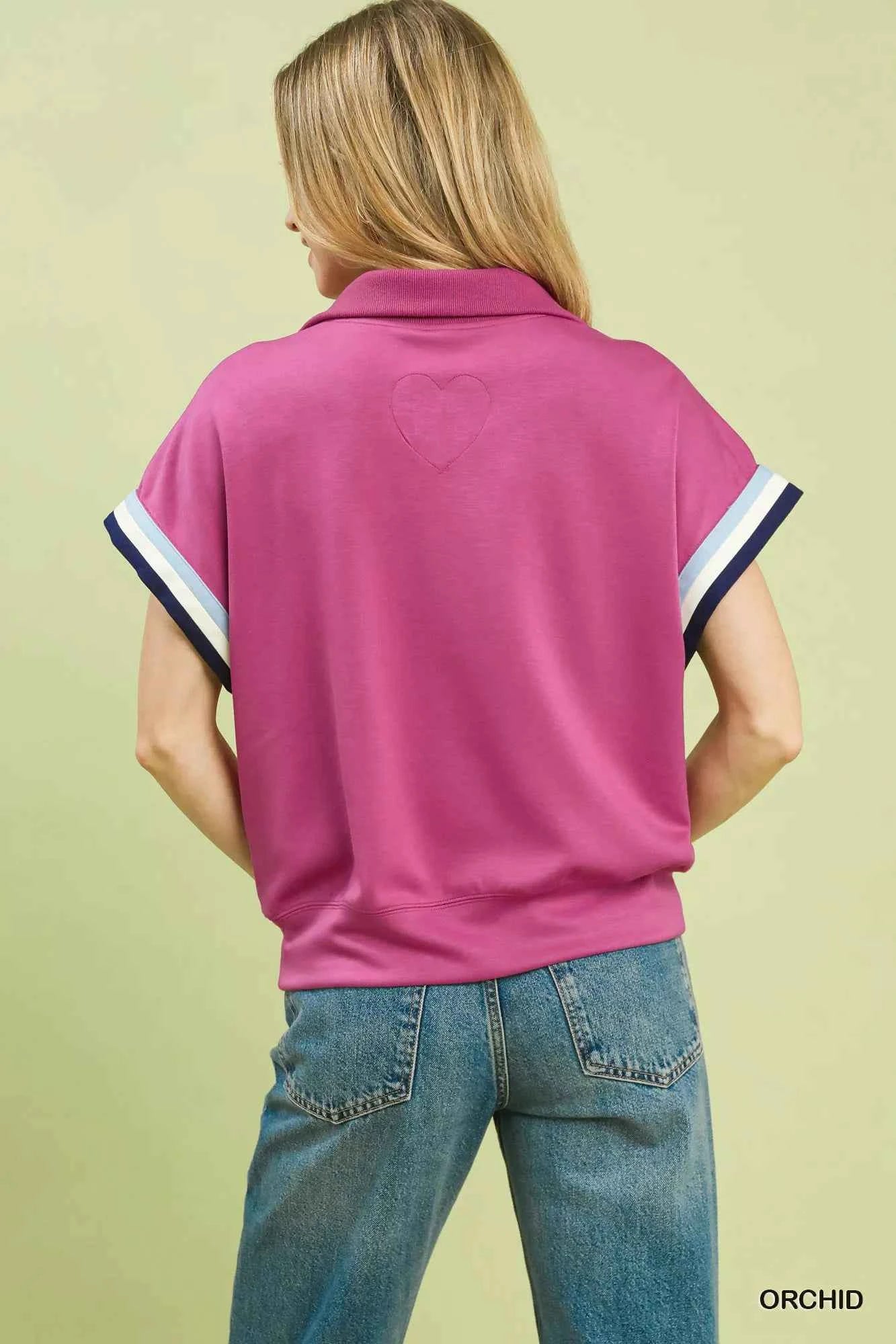 Umgee Blouse Orchid Pink Zip Front Casual Top with Contrast Stripe Trim 7c919fca-40f9-4ef4-8292-638c71f701b3-Max-Origin Trendsi